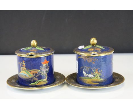 Pair of Carltonware Blue Chinoiserie Preserve Jars with Lids and Stands decorated with Pagodas, 12cms high