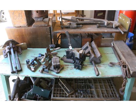 Selection of Vintage Workshop Tools including Pillar Drill, Parkinson Perfect Vise Vice, Scholls Arch Fitter, Clamps, etc