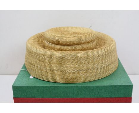 Marie Mercie, Paris, boxed straw hat, lamp shade style in three tiers. Mercie designs for International Catwalk shows