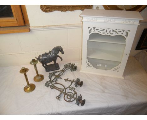 Mixed Lot including White Wall Hanging Display Cabinet, Pair of Brass Candlesticks, Pewter Tang Style Horse and a Gilt Metal 