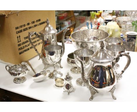 A quantity of silver plate to include salts, bowls, cups together with a silver napkin ring, etc