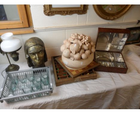 Mixed Lot including a Terracotta Model of Fruits in a Basket, Chess Board and Pieces, Wooden Box, Model of a Head, Glasses, e