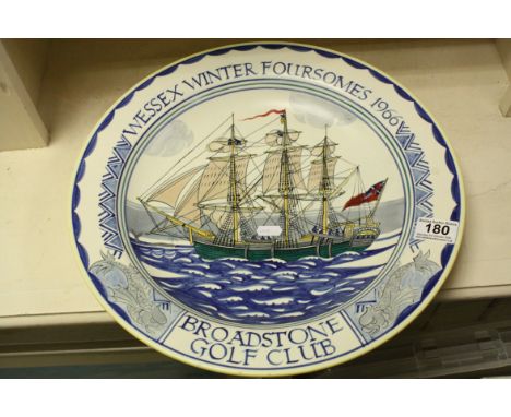 A large mid 20th century Poole Pottery charger golfing interest Wessex Foursomes 1966 Broadstone Golf decorated with a galleo
