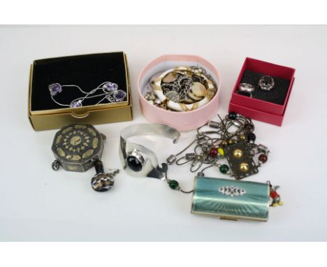 A box of mixed vintage costume jewellery together with a white metal trinket box.