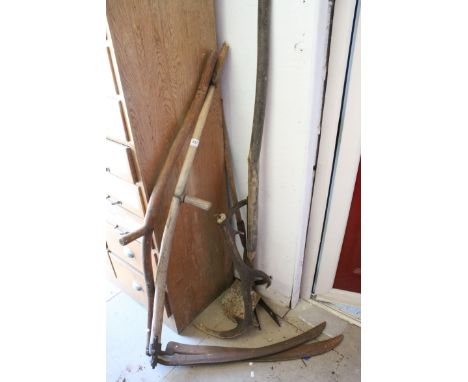 Two Old Wooden Handled Scythes together with Stag Antler and three further wooden handled tools