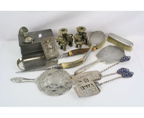 A box of mixed collectables to include a hallmarked silver mirror, a pair of brass dogs of foo candlesticks and a pewter trin