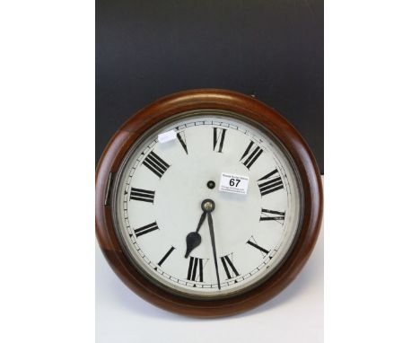 19th century Mahogany Cased Circular Office / Factory Wall Clock, the white enamel face with Roman numerals, with key, 33cms 