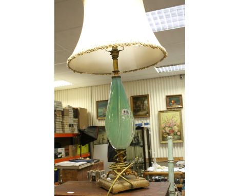 Blue Opaque Glass Table Lamp on a Gilt Metal Base together with a Circular Footstool