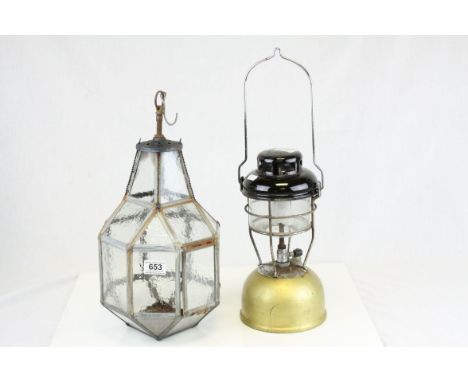 Metal Framed and Glass Panel Hanging Light Shade, 36cms high together with a Tilley Stormlight