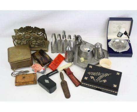A box of mixed collectables to include snuff boxes, pewter ware and a brass letter rack.