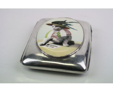 A silver cigarette case with enamel suffragette pictorial image.