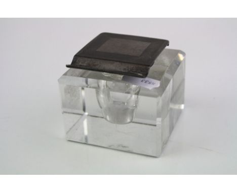 A fully hallmarked sterling silver topped glass inkwell with engine turned decoration to the lid, hallmarked for Mappin &amp;