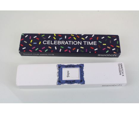 Two Swatch watches in original boxes to include Celebration Time and Reloj.