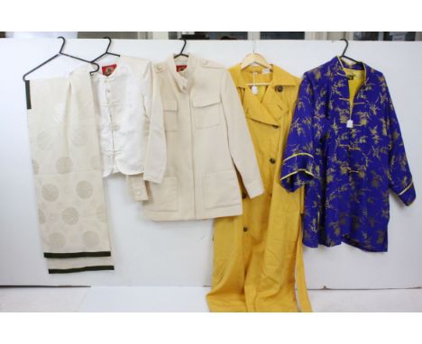 Shanghai Tang cream wool jacket-coat, four pockets, shoulder epaulettes; yellow silk trench coat, size 8; Shanghai Tang cream