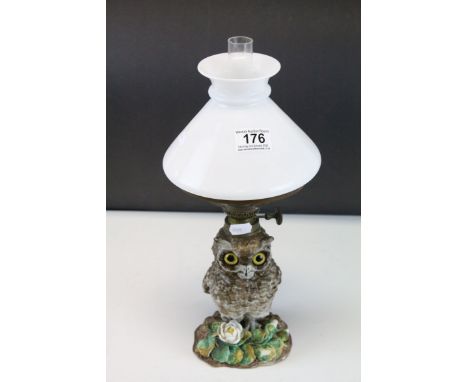 Victorian T. Goode Ceramic Oil Lamp in the form of an Owl with Glass Eyes, registration lozenge to base, with opaque glass sh