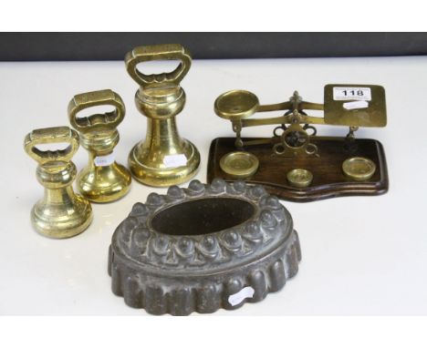 Set of Early 20th century Brass Postal Scales and Weights together Three further Brass Weights (4lbs and 2 x 2lbs) and a Meta