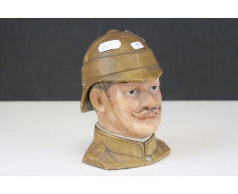 19th century Ceramic Lidded Tobacco Jar in the form of a British officer of the Boer War, marked BB to base for Bernard Bloch