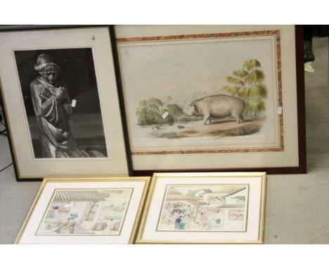 Pair of Chinese Pen and Watercolours of Village Scenes, 23cms x 25cms, framed and glazed together with an Engraving of a Hipp