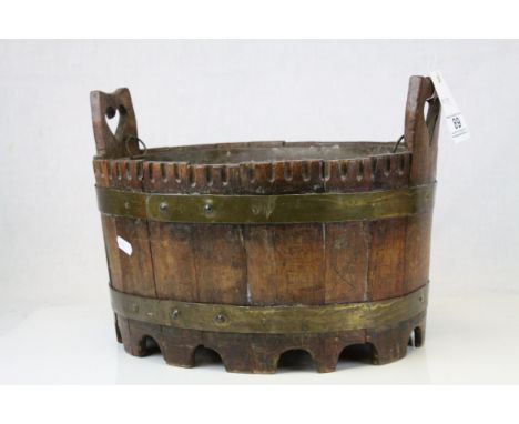 Continental Brass Bound Wooden Coopered Planter with Metal Liner and hearts shapes carved into handles, 37cms long 