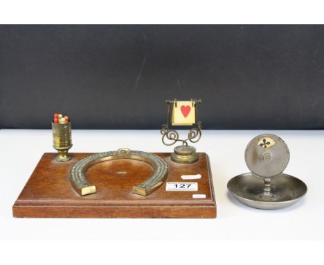 Early 20th century Table Top Game Stand comprising Two Bridge Markers and Horseshoe Shaped Cribbage Board with Markers, 24cms