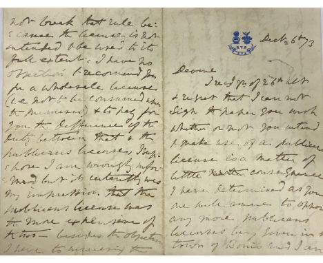Kavangh (Arthur Mc Murrough) 1873, on the headed Notepaper of his yacht the&nbsp;Eva with stamped logo of The Royal Yacht Squ
