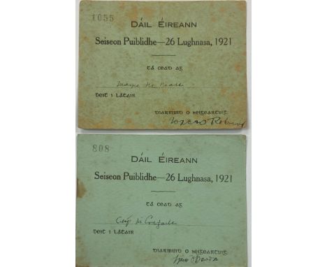 Dail Eireann (Second Dail) A numbered Admission Ticket for the Public Session of 26 Lughnasa [August 1921], made out to Eilis