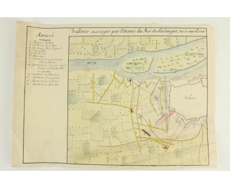 Manuscript Plan:&nbsp;&nbsp;Valence assiegee par l'Armee du Roi de Sardoigne du 22 Avril 1746,&nbsp;A coloured hand drawn bat