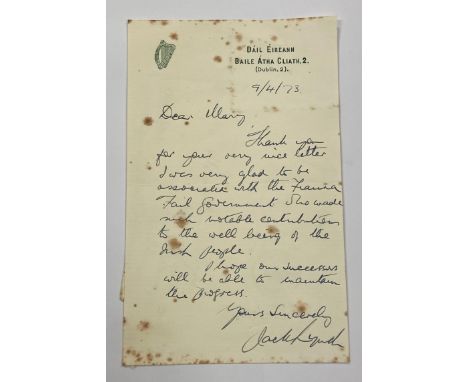 'I was Very Glad to be Associated with the Fianna&nbsp;Fail Government'  Lynch (Jack)&nbsp;A single Page m/ss Letter to Mary 