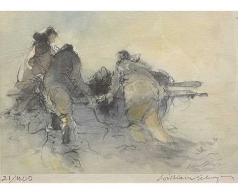 WILLIAM SELWYN limited edition print (21/400) - men tending fishing boat, signed in pencil, 14 x 19cms