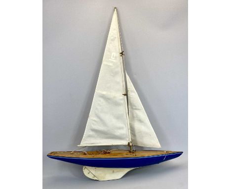 SCALE MODEL YACHT - of wooden construction, the hull painted blue, the keel cream, fully rigged, 97cms H, 76cms L