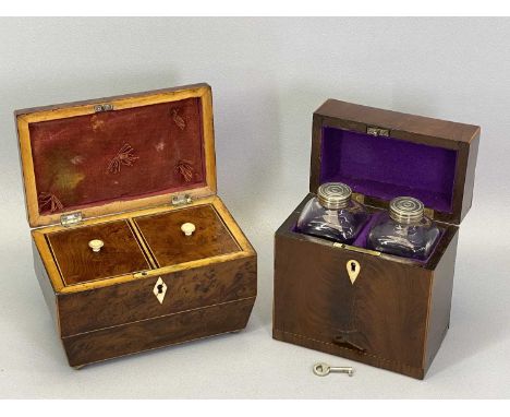 ANTIQUE TABLE BOXES (2) - to include a Georgian mahogany and boxwood strung two bottle decanter box, having twin canted corne
