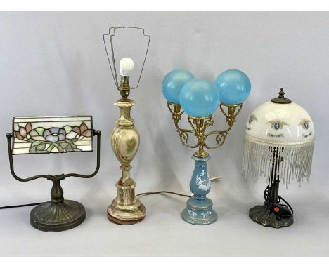 ALABASTER TABLE LAMP, 38cms H excluding fitting, Italian ceramic three branch table lamp with gilded fittings and three turqu