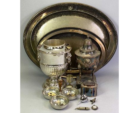 MIXED SILVER PLATED &amp; OTHER METALWARE to include two oval hotel ware serving trays, 46 and 60.5cms across, campana style 