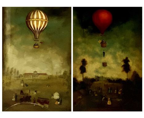 VINTAGE PRINTS, A PAIR - Victorian hot air balloons above gatherings, 79 x 48cms, a framed tapestry, 68 x 37cms and RON SPILL