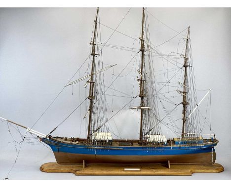 SCALE MODEL THREE MASTED SAILING SHIP - of wooden construction, the hull painted blue and brown, on stand, 115cms H, 138cms L