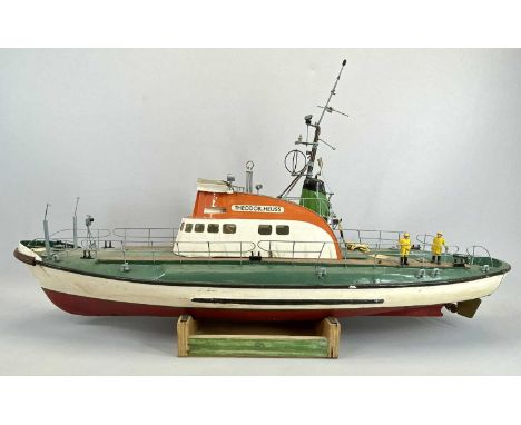 SCALE MODEL RESCUE BOAT - 'The Theodor Heuss', the bridge painted cream and orange, the hull cream and red, on stand, 52cms H