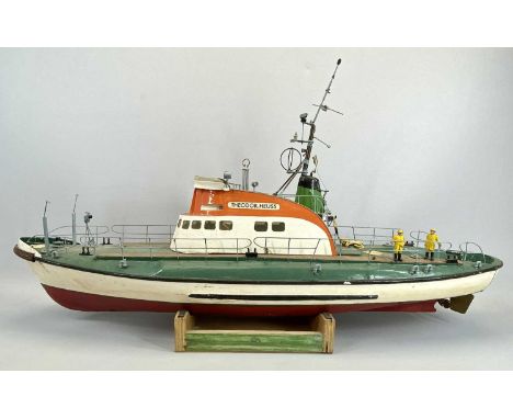 SCALE MODEL RESCUE BOAT - 'The Theodor Heuss', the bridge painted cream and orange, the hull cream and red, on stand, 52cms H