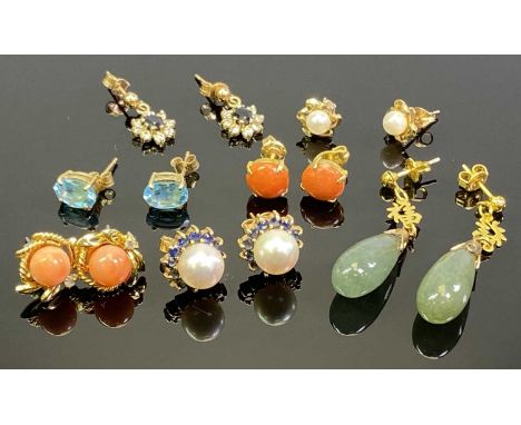 PRECIOUS &amp; SEMI-PRECIOUS STONE SET EARRINGS, seven pairs including a cultured pearl set with blue sapphire surrounds, pai