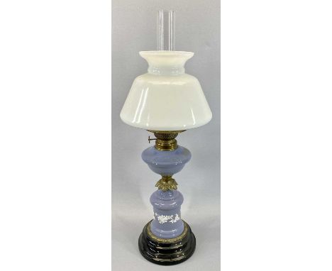 VICTORIAN OIL LAMP - opaque light purple glass reservoir and column, the latter with enamelled floral and relief decoration w