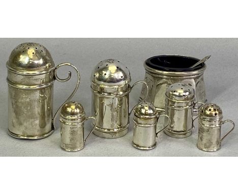 NOVELTY &amp; OTHER TABLE CONDIMENTS GROUP - to include six pepper/salt pots in the form of tankards with pierced, domed lids