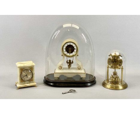 FRENCH ALABASTER MANTEL CLOCK - visible movement, white enamel chapter ring with black Roman numerals on oval plinth and with