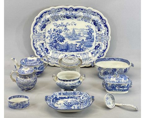 HICKS, MEIGH &amp; JOHNSON - large blue and white transfer printed oval meat plate with molded shaped border, circa 1820 - 18