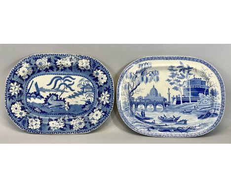 BLUE &amp; WHITE TRANSFER PRINTED OVAL MEAT PLATE - circa 1830, The Lion Hunter, 31.5 x 42cms and a Spode blue and white tran