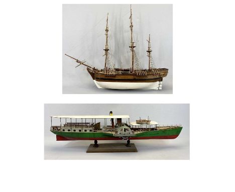 SCALE MODEL PADDLE STEAMER - SS Hjejlen - with green and red hull, on stand, 25cms H, 88cms L and THREE MASTED SAILING SHIP -