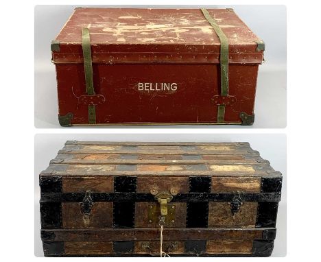 WOOD &amp; METAL BANDED TRUNK, 31cms H, 81cms W, 47cms D and another storage box with 'Belling' print 32cms H, 70cms W, 47cms