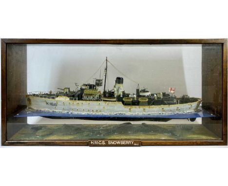 SCALE MODEL SHIP - 'HM CS Snowberry 1942', the hull painted cream and black, in glazed display case, 47cms H, 100cms L, 24.5c