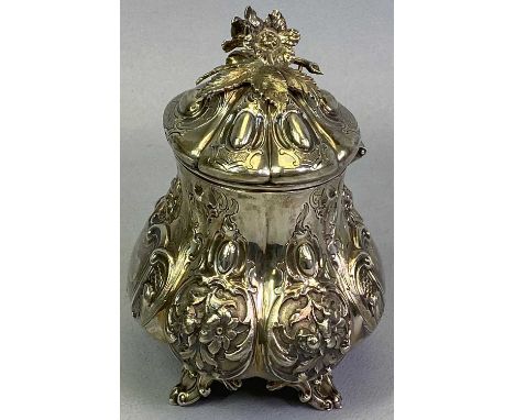 VICTORIAN SILVER ROCOCO FORM TEA CADDY - London 1847, Maker Charles Reily &amp; George Storer, having a double flower and lea