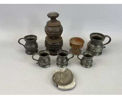 PEWTER MEASURES (5) - circa 1800, of baluster form with loop handles, 9.5cms H, 26cms H, a turned treen spice grinder, 20cms 