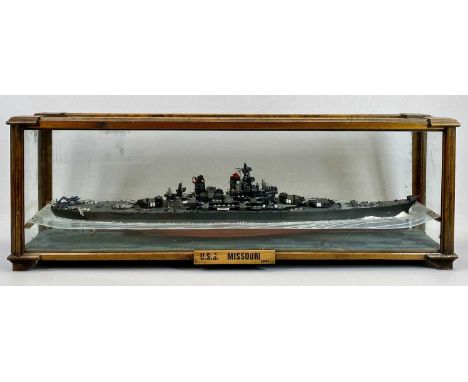 SCALE MODEL BATTLESHIP - 'USS Missouri 1941', with black and red hull, in pine framed display case, 30cms H, 88cms L, 19cms W