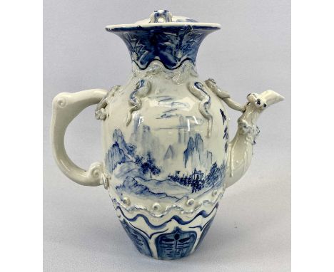 JAPANESE PORCELAIN BLUE &amp; WHITE TEAPOT - moulded decoration and painted with a continuous landscape and figures marked 'P